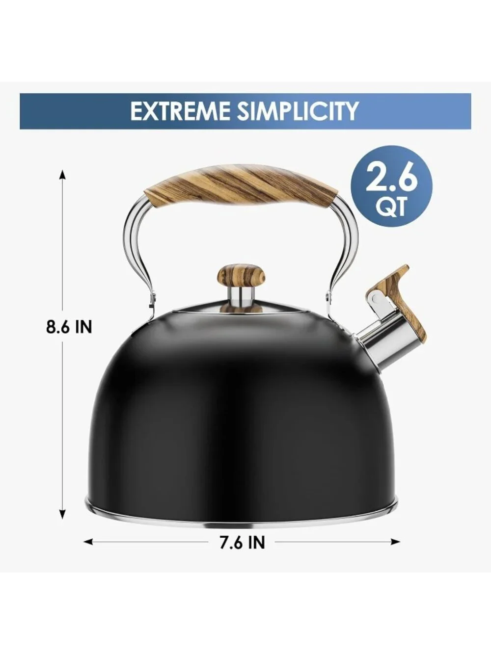 Black Kitchen Whistling Tea Kettle 2.6 Quart Stainless Steel Stovetop Induction
